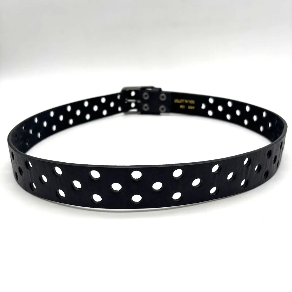 Vintage Y2K Black Genuine Leather Single Prong 3-row Holes Belt S/M Up to 36